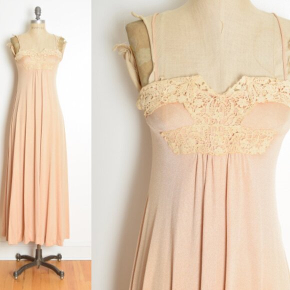 vintage 70s dress nude crochet hippie boho disco goddess maxi sun dress XS - Picture 1 of 10